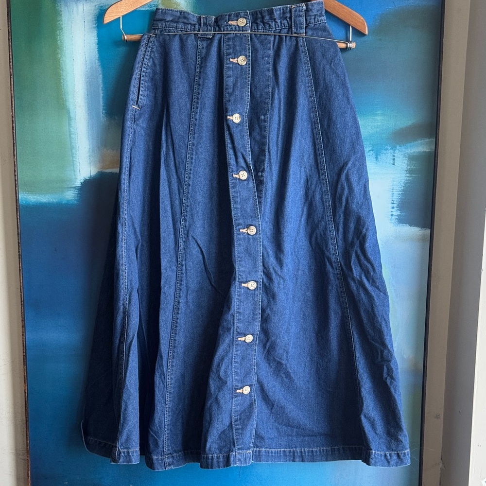 Vintage Classic Blue Denim Button-Front A-Line Skirt